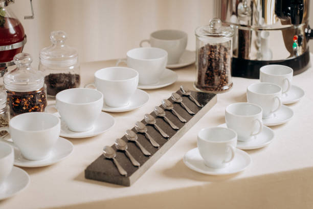 istock Coffee or tea cups on catering table at conference or wedding banquet table 2167527677