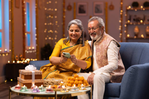 Senior couple using phone stock photo