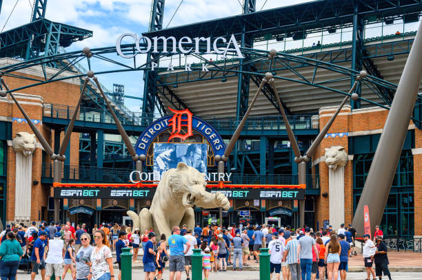 Fans Entering Baseball Stadium Detroit, USA - July 25, 2024: People entering Comerica Park on a game day. Comerica park is the home of the Detroit Tigers - MLB team comerica park photos stock pictures, royalty-free photos & images