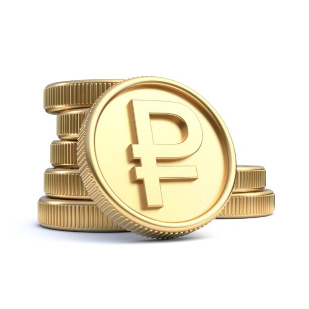 istock Golden coins with ruble currency symbol 3D 2167540558