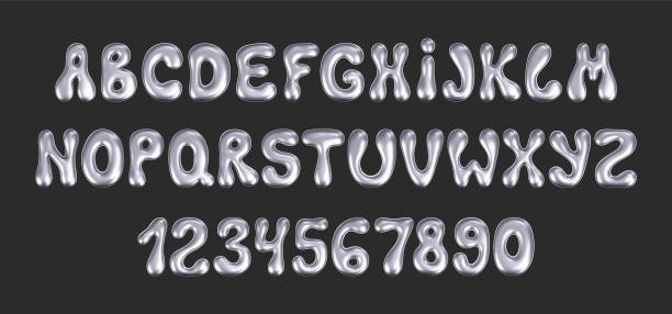istock 3d chrome liquid font in y2k style isolated on a dark background. Render of 3d metal inflated alphabet and numbers with glossy silver effect. 3d vector y2k typography letter 2167541167