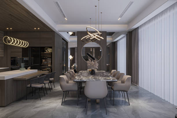 istock An elegant dining room with a large marble table, comfortable chairs, and a beautiful chandelier 2167541337