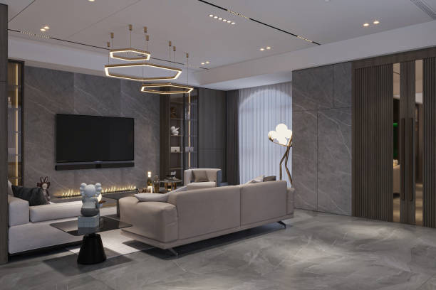 istock panorama 3d apartment interior gray and smart living room 2167541631
