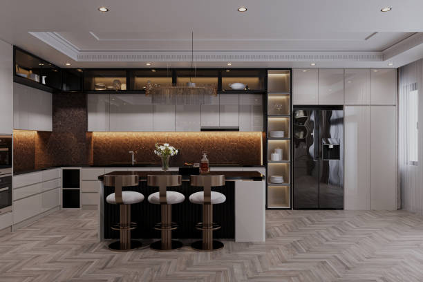 istock 3d rendering of modern kitchen island with high end lighting 2167541801
