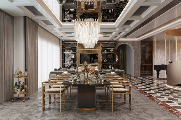 istock Interior Design Mock up Modern chic dining room with reclaimed marble table and metal chairs 2167541878