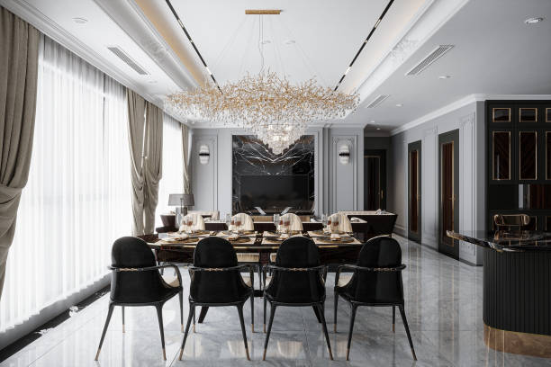 istock Interior Design for Dining Spaces with Exposed a large window and black dining table and chairs 2167541905