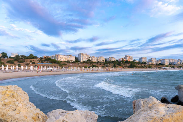 Black Sea Modern Beach on a sunny day with a blue sky,Constanta beach at Black Sea,panoramic view Constanta Romania