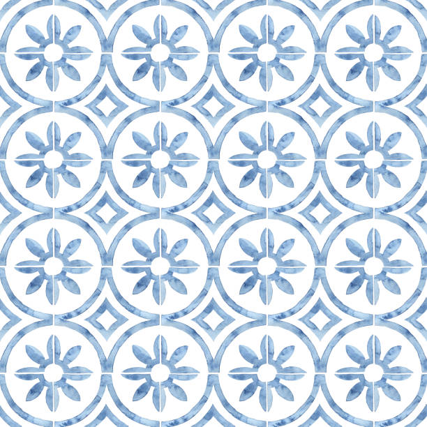 Seamless moroccan pattern. seamless moroccan pattern, square vintage tile, blue and white watercolor ornament painted with paint on paper, handmade, print for textiles, grunge texture tiled floor stock illustrations