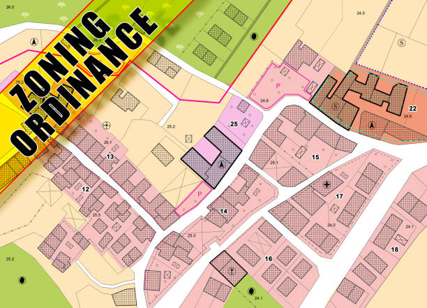 istock ZONING ORDINANCE CONCEPT with imaginary General Urban Plan, indications of urban destinations with buildings, buildable areas, land plot and real estate land property 2167565641