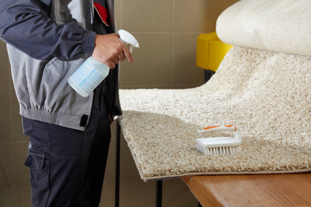 istock Man Spraying Detergent On Grey Carpet To Remove Stain in professional cleaning service 2167567079