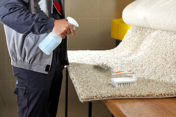 istock Man Spraying Detergent On Grey Carpet To Remove Stain in professional cleaning service 2167567094