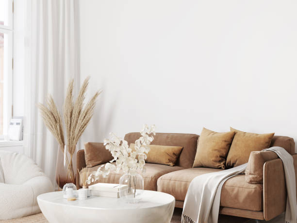 istock Home interior background with leather sofa, modern living room, blank wall, 3D render 2167568510