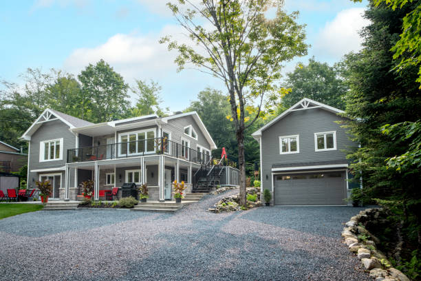 istock Luxurious gray and white property and detached garage 2167571367