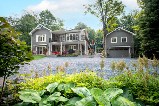 istock Luxurious gray and white property and detached garage 2167571405