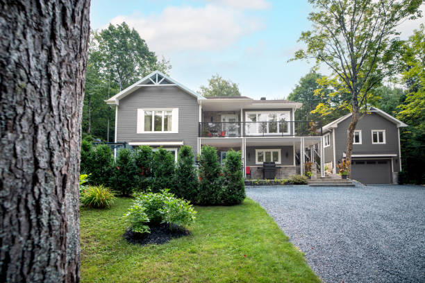 istock Luxurious gray and white property and detached garage 2167571418
