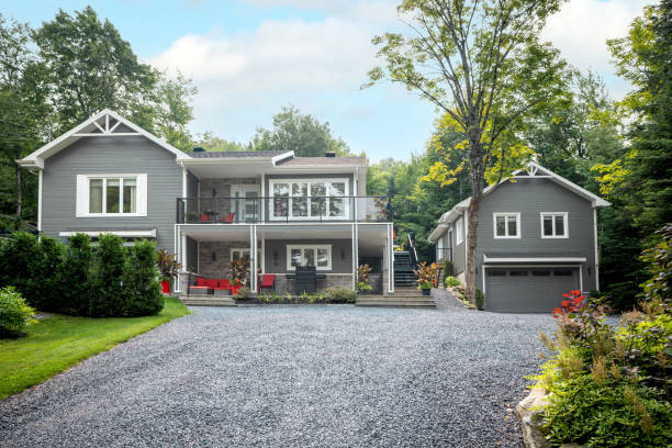 istock Luxurious gray and white property and detached garage 2167571483