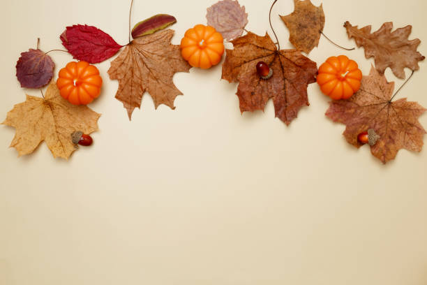 istock Autumn composition with maple leaves, decorative pumpkins and candles. Top view. Copy space 2167574659