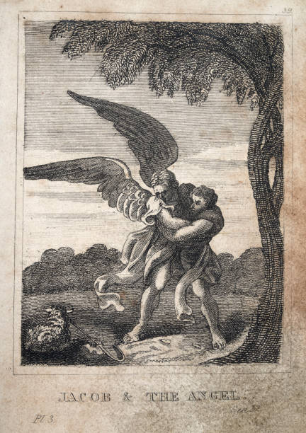 Scripture history, Old Testament, Jacob wrestling with the Angel, Genesis 32, Vintage illustration, 1820s