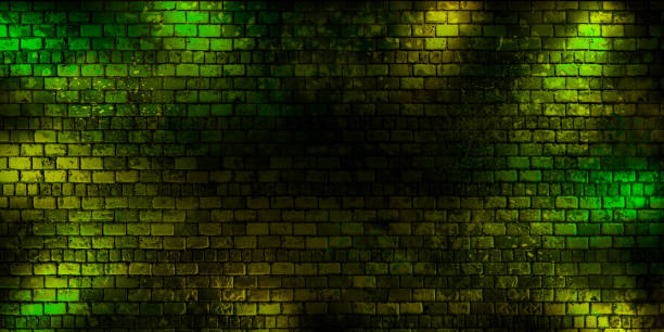 Grunge brick wall, background, green yellow light. 3d render