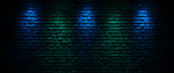 istock Black brick wall with green and blue neon light. 3d rendering 2167578343