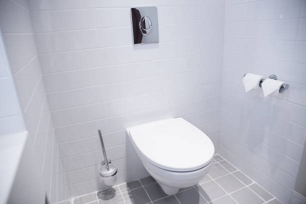 istock Clean white Bathroom background Interior decoration Minimalist style, open space. Real photo. Modern white bathroom with ceramic toilet 2167578618