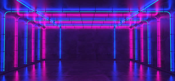 istock Background of an empty room with concrete walls and neon light. Neon rays and glow. 3d render 2167579525
