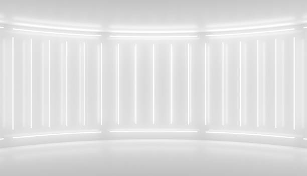 istock White minimalistic abstract background. 3d illustration. Neon light from lamps on the walls of the circular stage. 2167580384