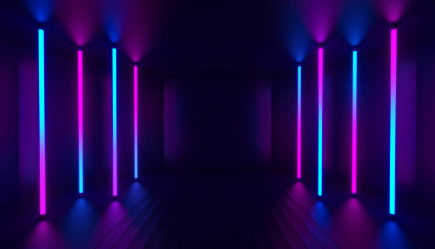 istock Dark empty room, reflections colorful vertical lamps, abstract background stage. 3d render 2167580688