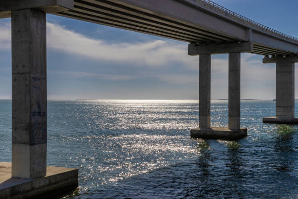 Horizon over the Atlantic Ocean view from a fishing pier, that is a section of the Bonner Bridge underneath the new Marc Basnight Bridge in Outer Banks, North Carolina, USA