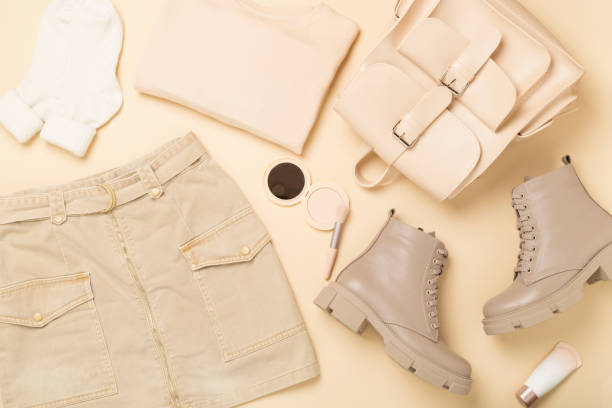 istock Flat lay with trendy spring outfit on color background, top view 2167580891