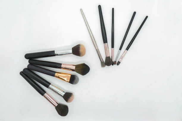 Makeup Brush set puff for model shoot for compact, eye shadow, blush, foundation, eyebrow Isolated on white