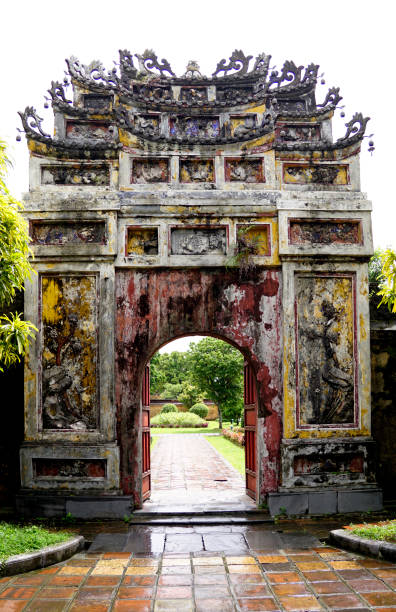 Ancient gate in Imperial Hue, Vietnam during a rainy day