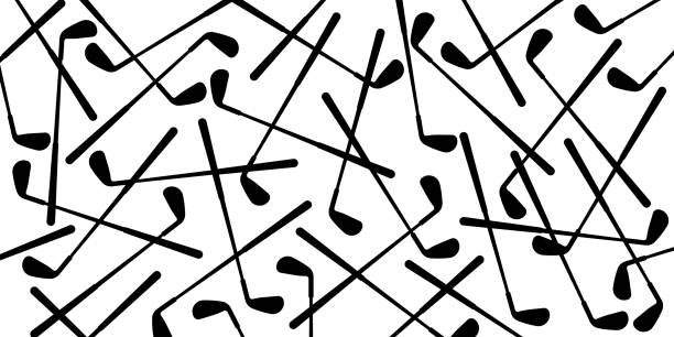 This vector illustration presents an abstract seamless pattern featuring golf club silhouettes. The design consists of repetitive black golf stick icons arranged in a uniform, geometric layout. The minimalist and monochrome style gives the pattern a sleek and modern appearance, making it suitable for various sport and recreation design projects. The repetitive nature of the pattern is ideal for backgrounds, textiles, wallpapers, and other design elements that need a subtle yet stylish sports theme. The clean and simple silhouettes create a dynamic visual effect, perfect for both digital and print applications.