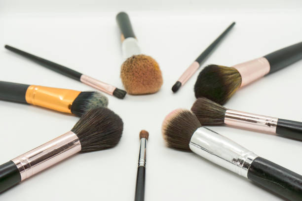 Makeup Brush set puff for model shoot for compact, eye shadow, blush, foundation, eyebrow Isolated on white