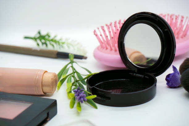 Makeup and Beauty Products including lip gloss, foundation, makeup kit, blush, eye shadow, lipstick, nailpolish isolated