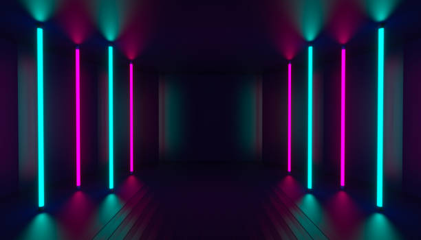istock Dark empty room, reflections colorful vertical lamps, abstract background stage. 3d render 2167582044