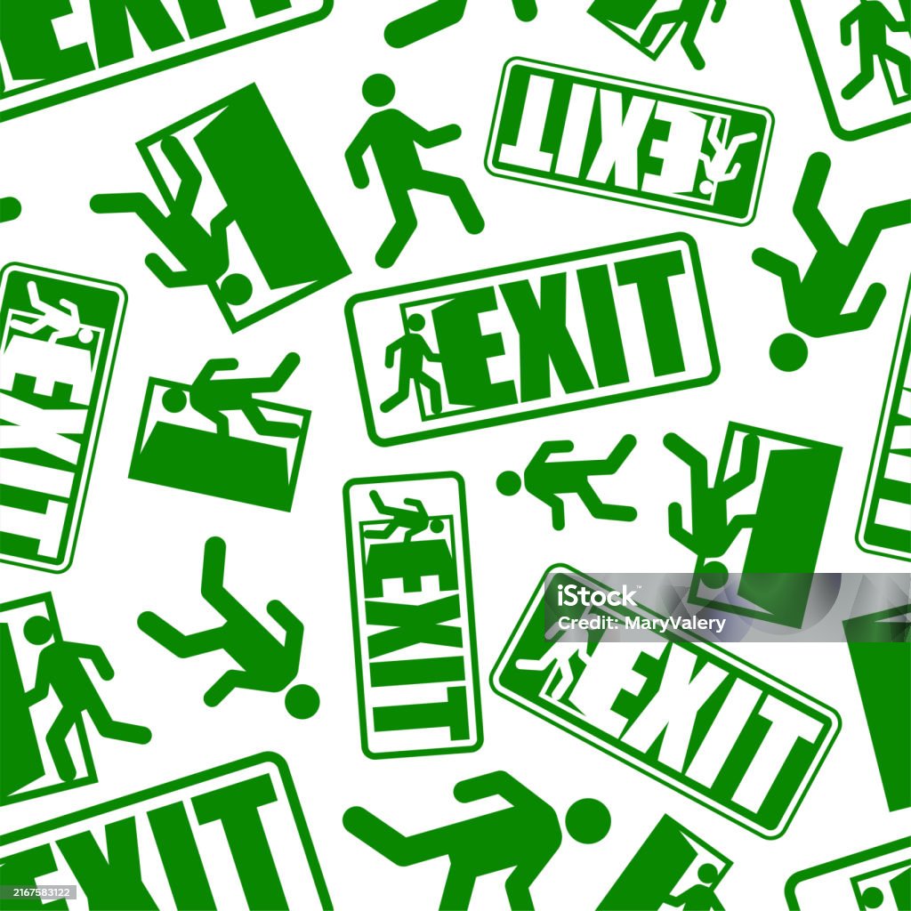 Exiting Background Exit Sign Evacuation Pattern Seamless Man Exiting Door Symbol ...