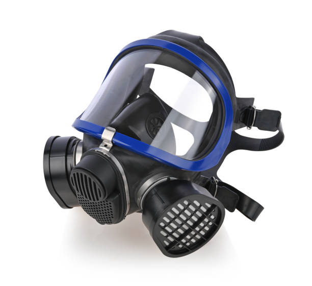 istock Blue gas mask, Chemical protective mask with  filter on white background 2167583440
