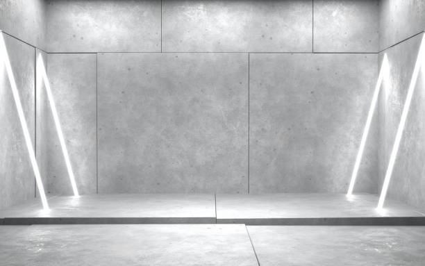 istock Concrete room, white neon lines, background scene, 3d illustration 2167584107