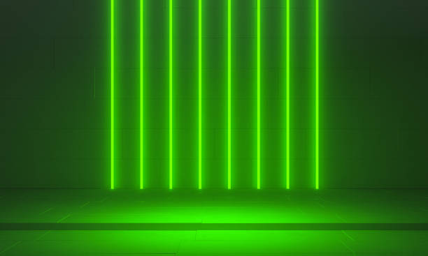istock Colorful background stage with vertical luminous neon lights and podium, 3d illustration 2167585107