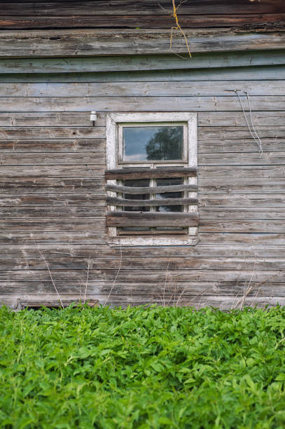 istock Weathered wooden house with a boarded window stands abandoned, surrounded by grass 2167585397
