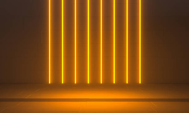 istock Colorful background stage with vertical luminous neon lights and podium, 3d illustration 2167585531