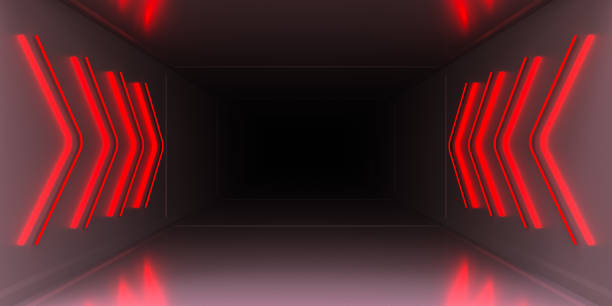 Red glowing arrows point to dark depths of tunnel, dark abstract background. 3d illustration