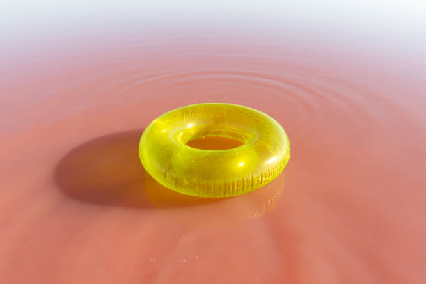 Bright yellow inflatable ring float in pink water lake. Creative color background