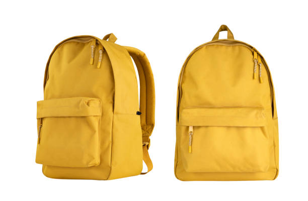 istock Yellow backpack set isolated on white.Travel bag different  side view.Schoolbag, rucksack object. 2167589240