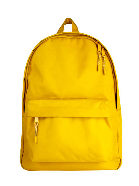 Single yellow backpack isolated  on white background.Schoolbag,rucksack,knapsack. Single object.Front view.