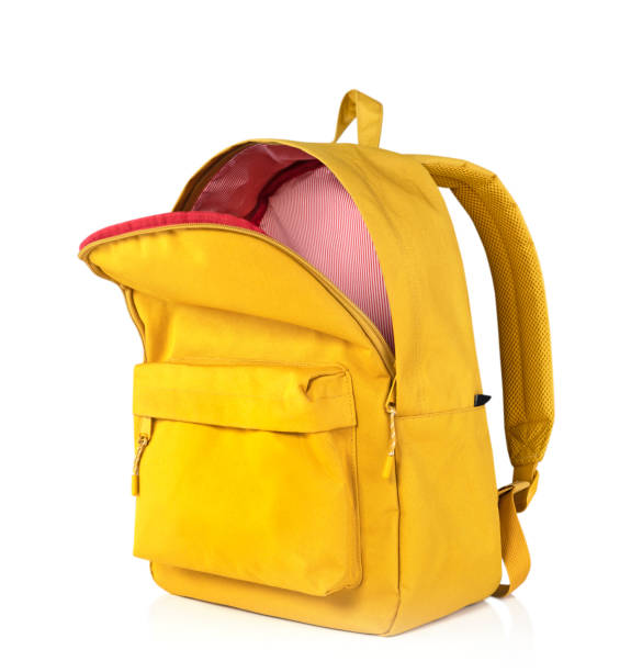 istock Yellow backpack opened isolated on white.School bag advertisement design. Knapsack, rucksack,travel bag. 2167589456