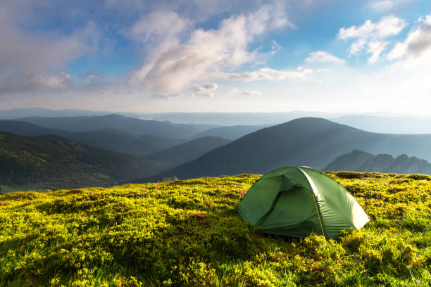 istock Green tent on amazing meadow in spring mountains 2167594442