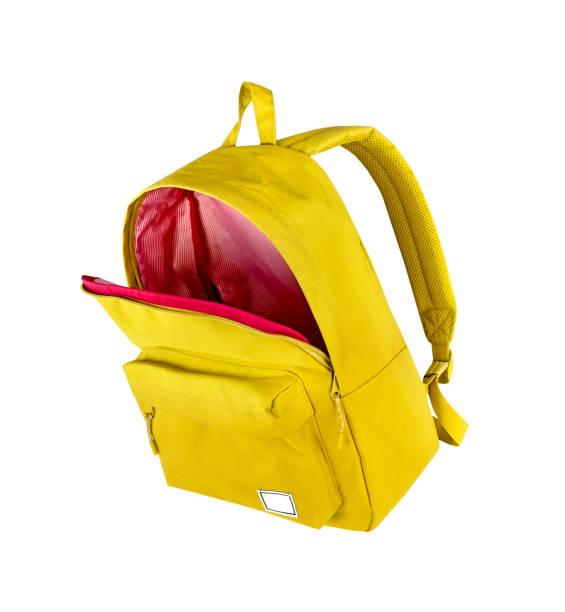 istock Yellow backpack opened isolated on white.School bag advertisement design. Knapsack, rucksack,travel bag. 2167594528