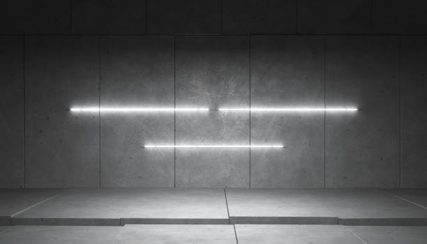 Dark old concrete wall background, horizontal neon lamps, copy space, 3d illustration